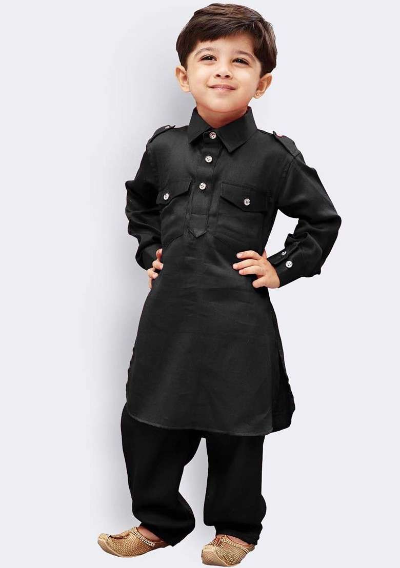 Boys Shirt Collar Cotton Pathani Kurta With Pyjamas - Indya