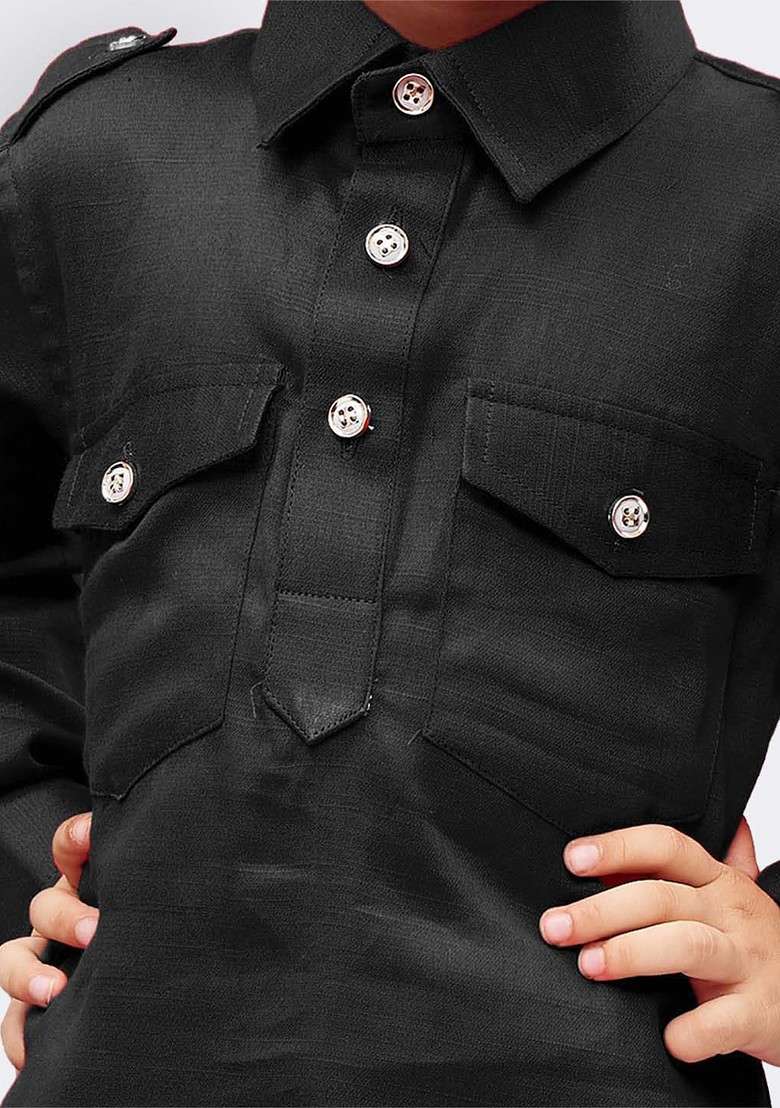 Boys Shirt Collar Cotton Pathani Kurta With Pyjamas - Indya
