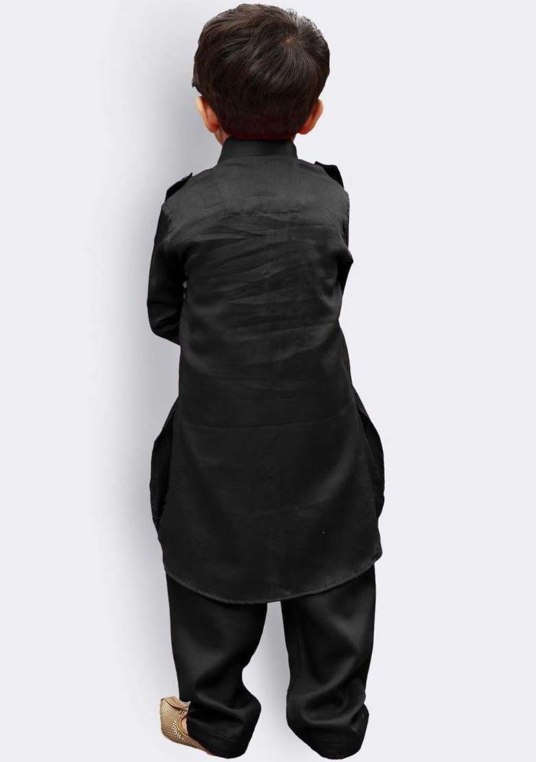 Boys Shirt Collar Cotton Pathani Kurta With Pyjamas - Indya