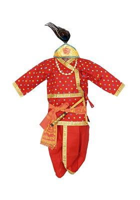 Boys Red Bandhani Printed Angrakha Pure Cotton Kurta With Dhoti Pants