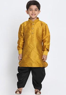 Boys Mustard Yellow And Black Solid Cotton Silk Kurta With Dhoti Pants