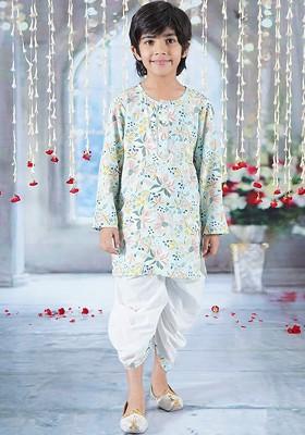 Boys Floral Printed Pure Cotton Straight Kurta With Dhoti Pant