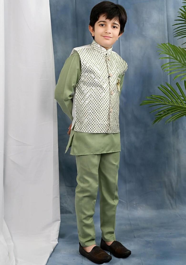 Boys Geometric Printed Kurta With Trousers And Jacket - Indya