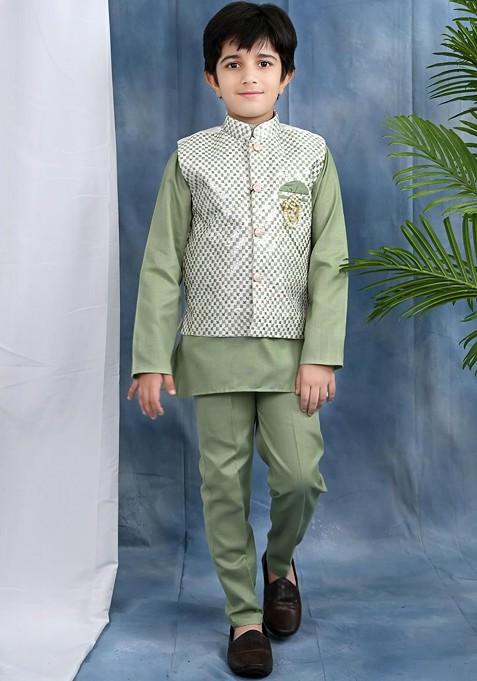 Boys Geometric Printed Kurta With Trousers And Jacket — view on Indya