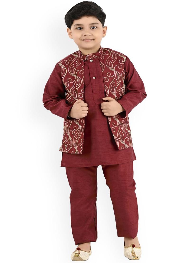 Boys Mandarin Collar Straight Kurta With Trouser - Indya