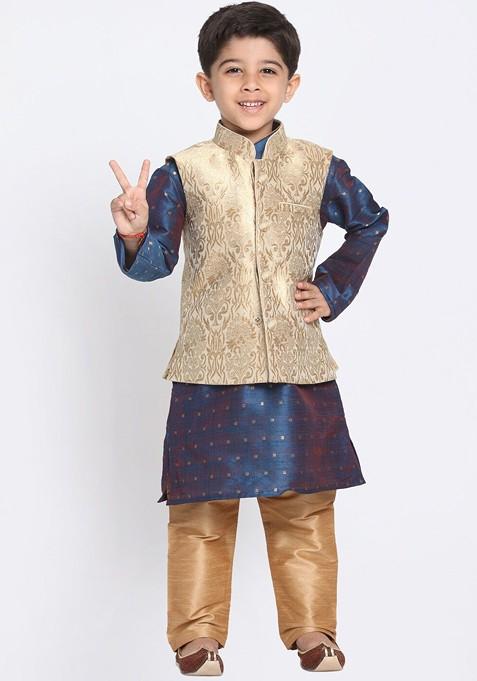 Boys Geometric Woven Design Jacquard Straight Kurta With Pyjama And Nehru Jacket — view on Indya