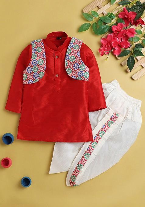 Boys Mandarin Collar Regular Thread Work Kurta With Dhoti Pants And Jacket