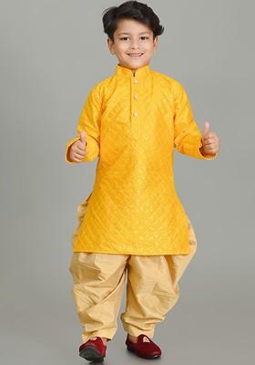 Boys Embroidered Regular Sequinned Dupion Silk Kurta With Patiala Set