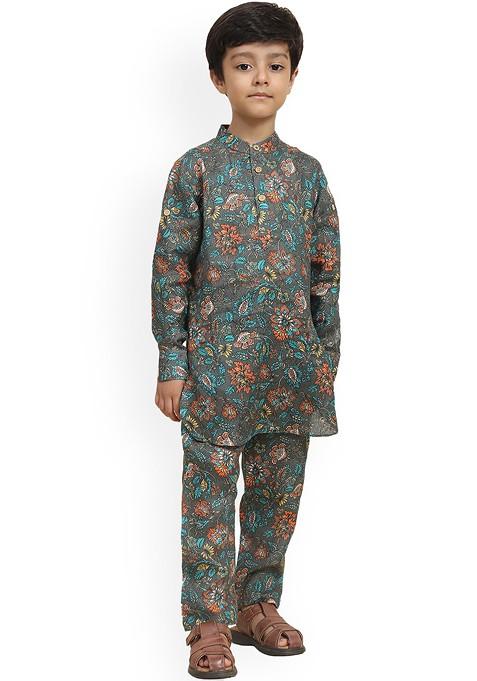 Boys Floral Printed Band Collar Linen Straight Kurta With Pyjama
