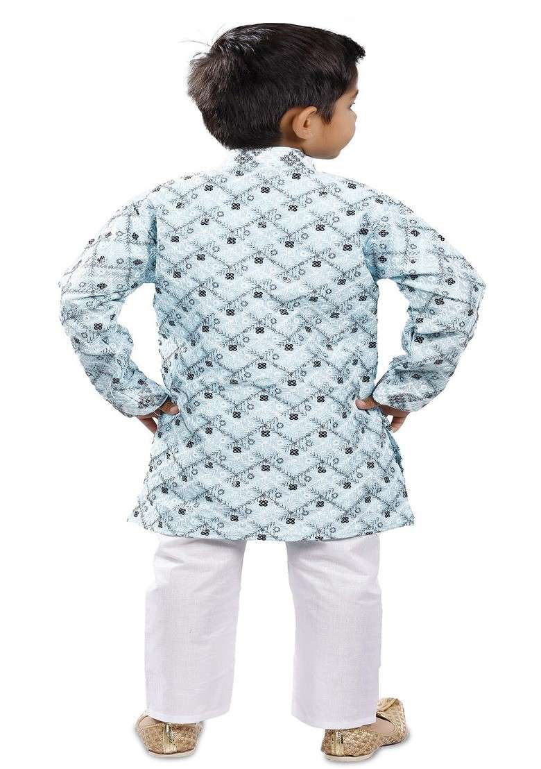 Boys Printed Mandarin Collar Straight Kurta With Trousers - Indya