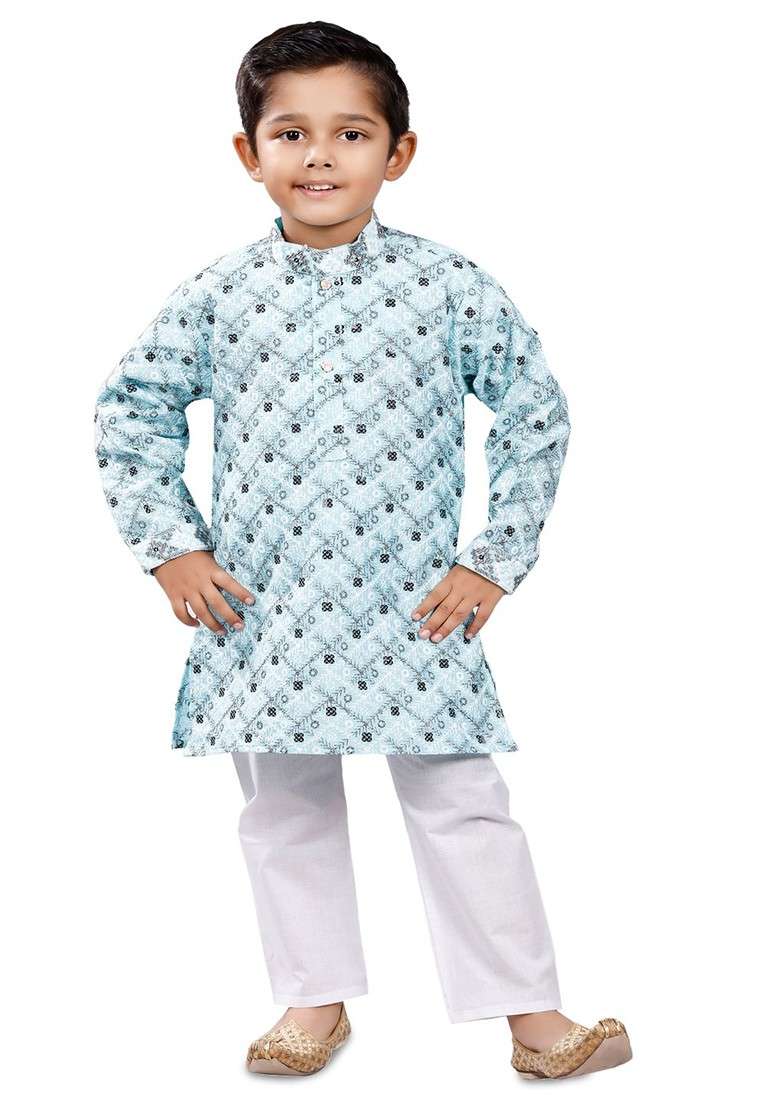 Boys Printed Mandarin Collar Straight Kurta With Trousers - Indya