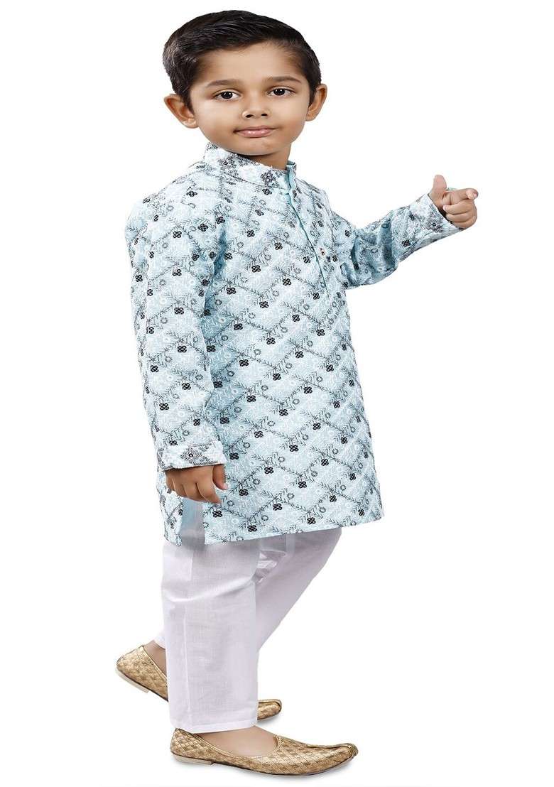 Boys Printed Mandarin Collar Straight Kurta With Trousers - Indya