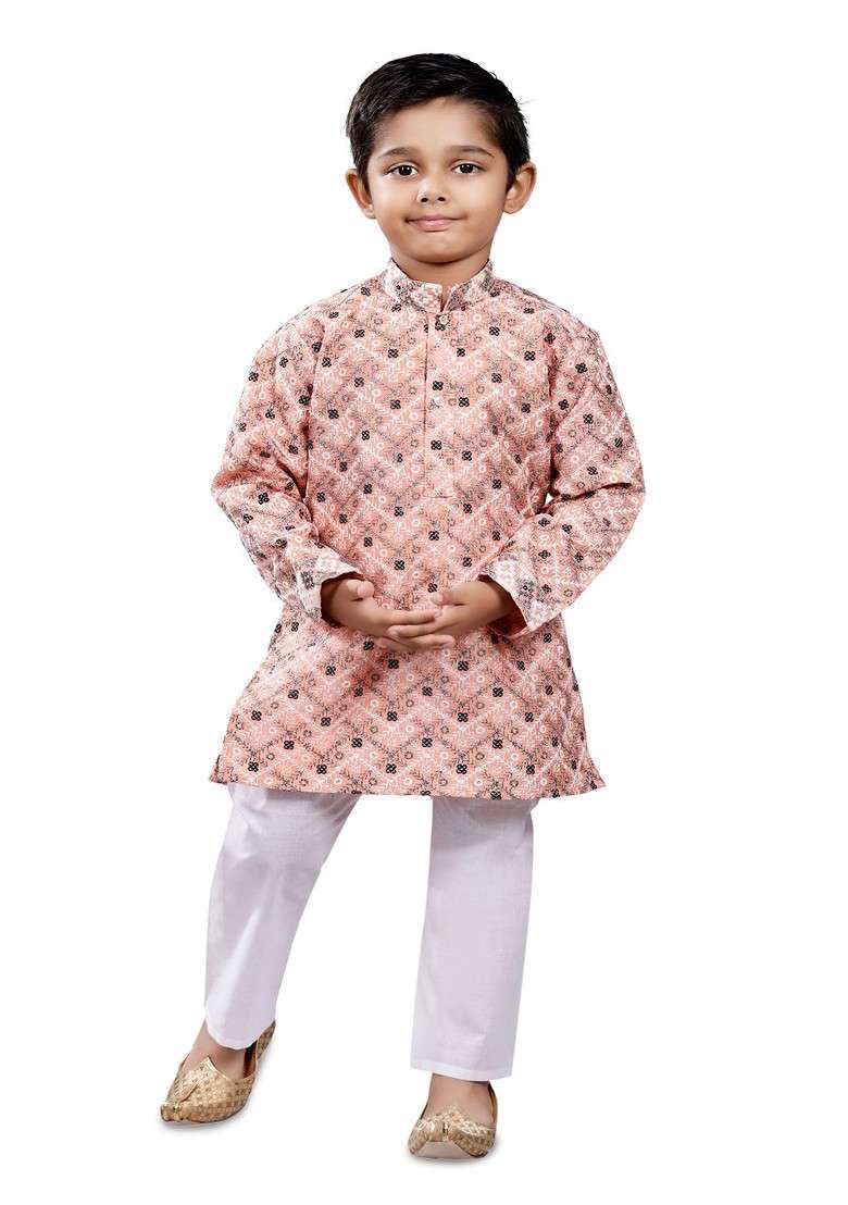 Boys Geometric Printed Mandarin Collar Straight Kurta With Pyjamas - Indya
