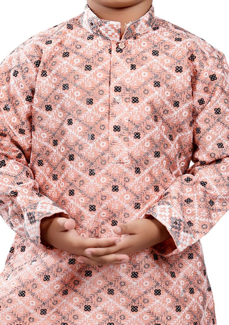 Boys Geometric Printed Mandarin Collar Straight Kurta With Pyjamas - Indya