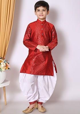 Boys Embroidered Regular Sequinned Dupion Silk Kurta With Patiala