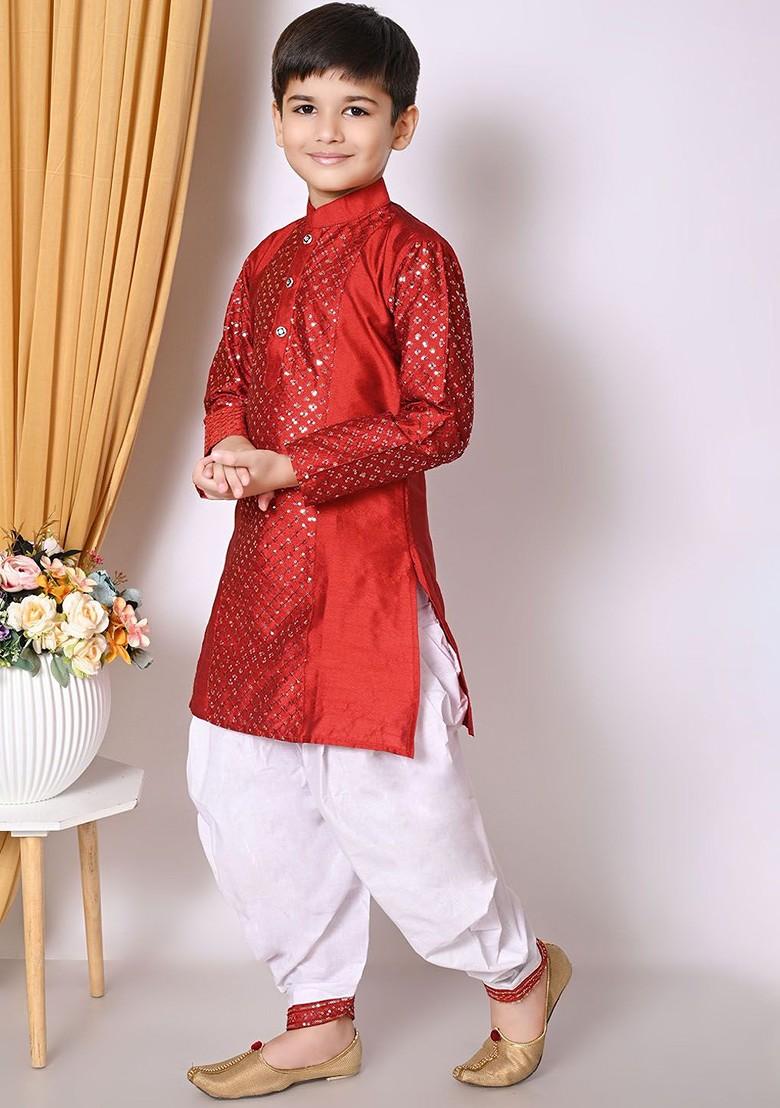 Boys Embroidered Regular Sequinned Dupion Silk Kurta With Patiala - Indya