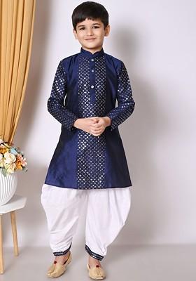 Boys Embroidered Regular Sequinned Dupion Silk Kurta With Patiala