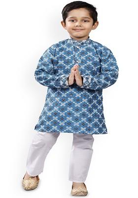 Boys Embroidered Thread Work Mandarin Collar Straight Thread Work Kurta With Pyjamas