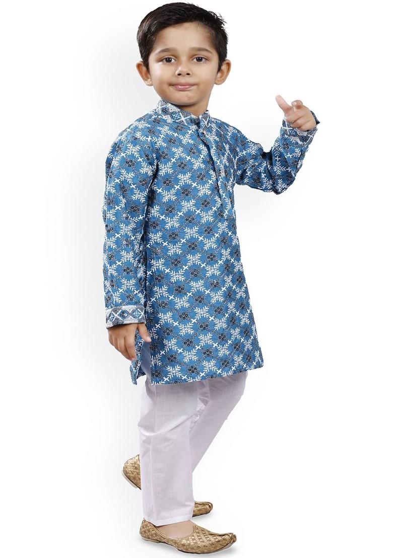 Boys Embroidered Thread Work Mandarin Collar Straight Thread Work Kurta With Pyjamas - Indya