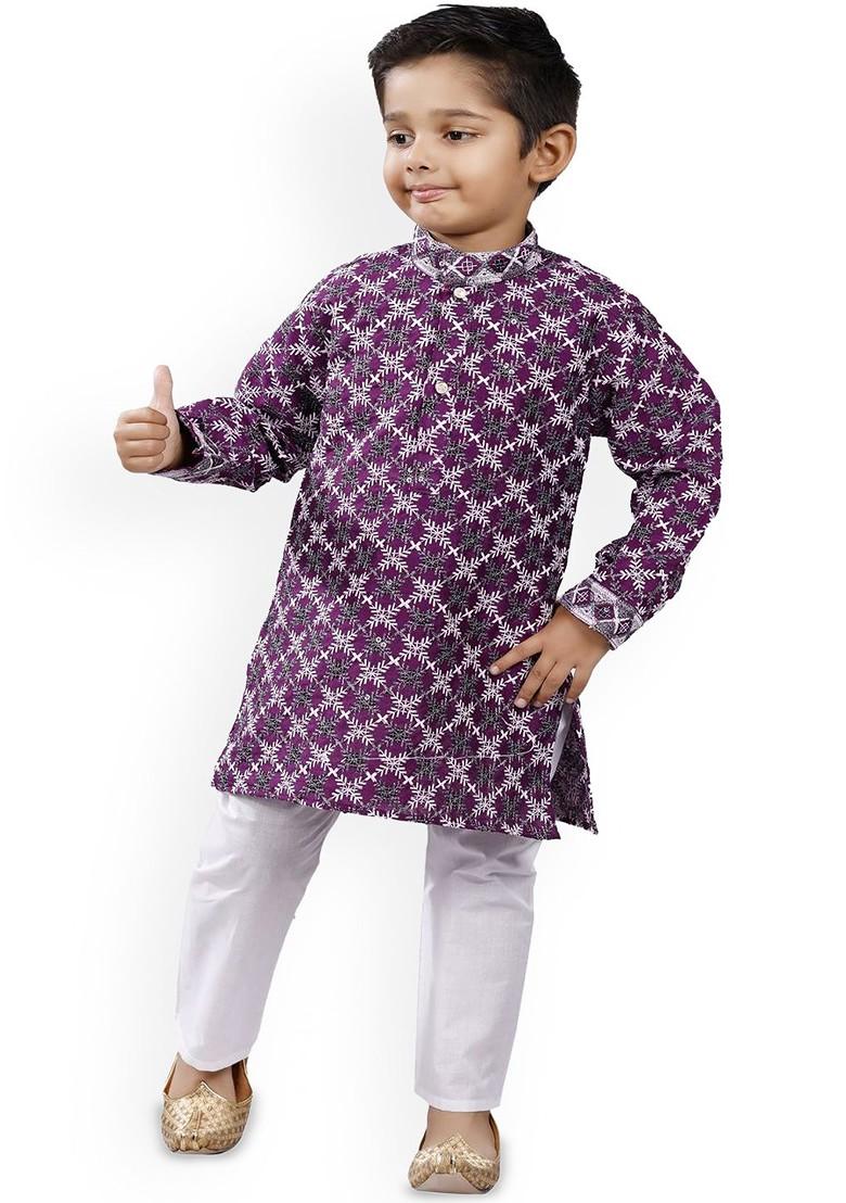 Boys Embroidered Thread Work Mandarin Collar Thread Work Straight Kurta With Pyjamas - Indya