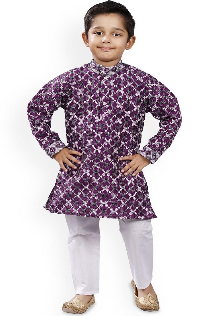 Boys Embroidered Thread Work Mandarin Collar Thread Work Straight Kurta With Pyjamas - Indya