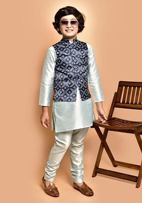 Boys Mandarin Collar Straight Kurta With Churidar And Printed Nehru Jacket