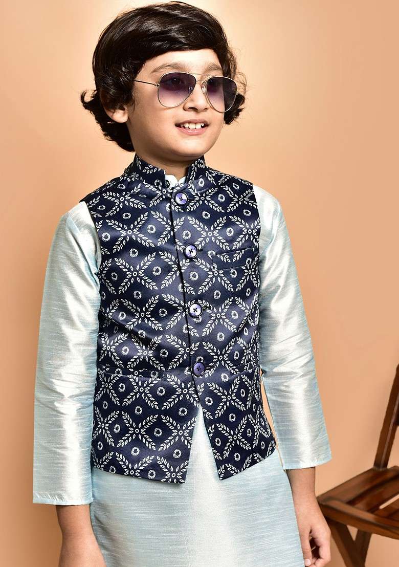 Boys Mandarin Collar Straight Kurta With Churidar And Printed Nehru Jacket - Indya