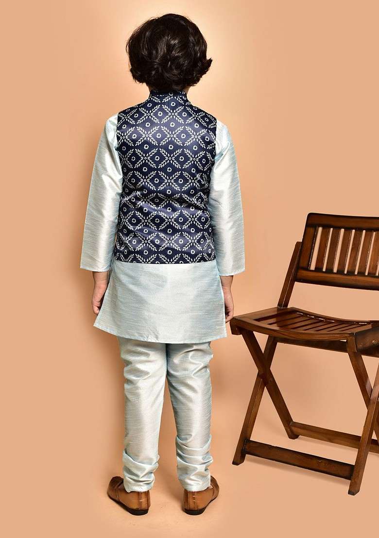Boys Mandarin Collar Straight Kurta With Churidar And Printed Nehru Jacket - Indya