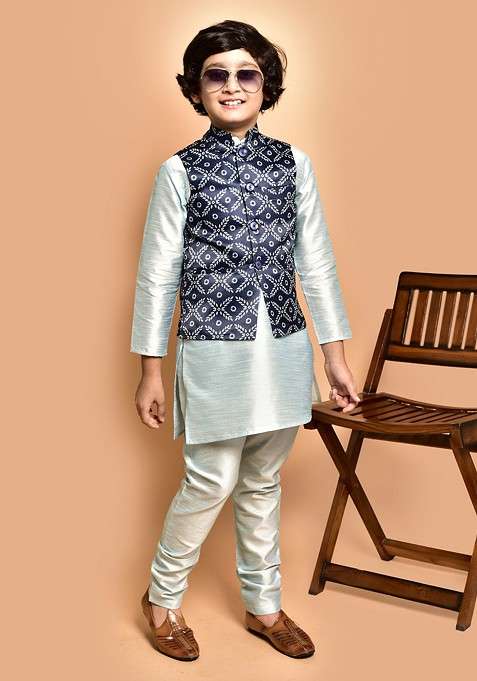 Boys Mandarin Collar Straight Kurta With Churidar And Printed Nehru Jacket