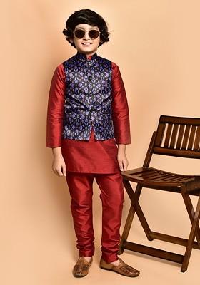Boys Band Collar Regular Straight Kurta With Churidar With Nehru Jacket