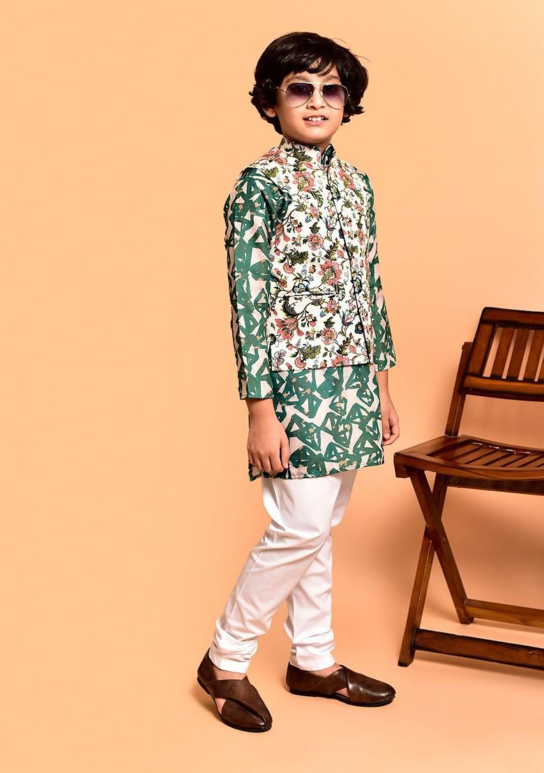Boys Printed Mandarin Collar Kurta With Churidar And Printed Nehru Jacket - Indya