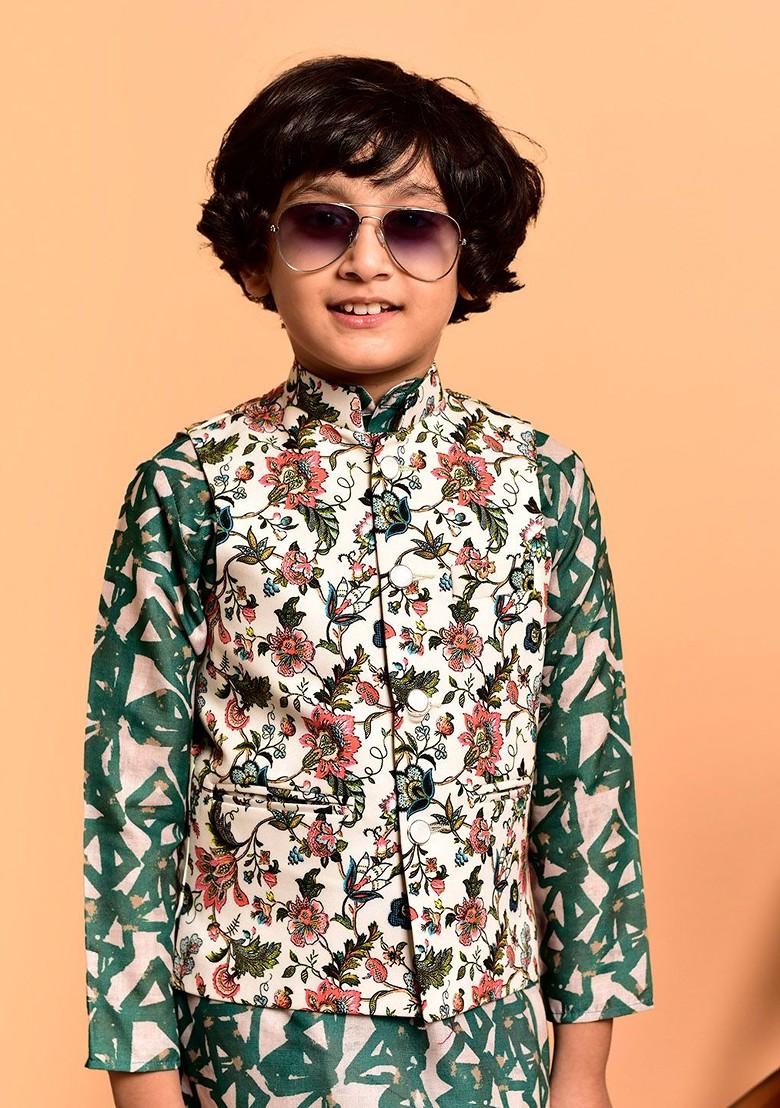Boys Printed Mandarin Collar Kurta With Churidar And Printed Nehru Jacket - Indya