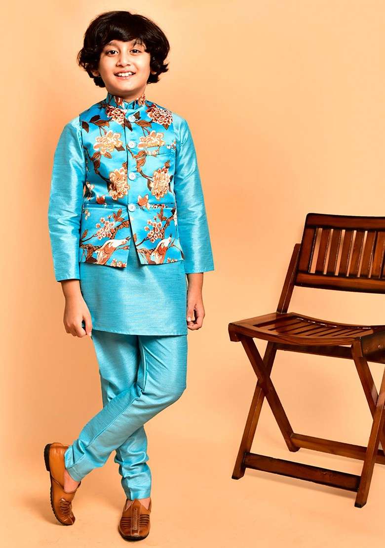 Boys Mandarin Collar Straight Kurta With Churidar - Indya
