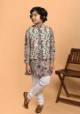 Boys Floral Printed Band Collar Neck Regular Kurta And Churidar And Nehru Jacket