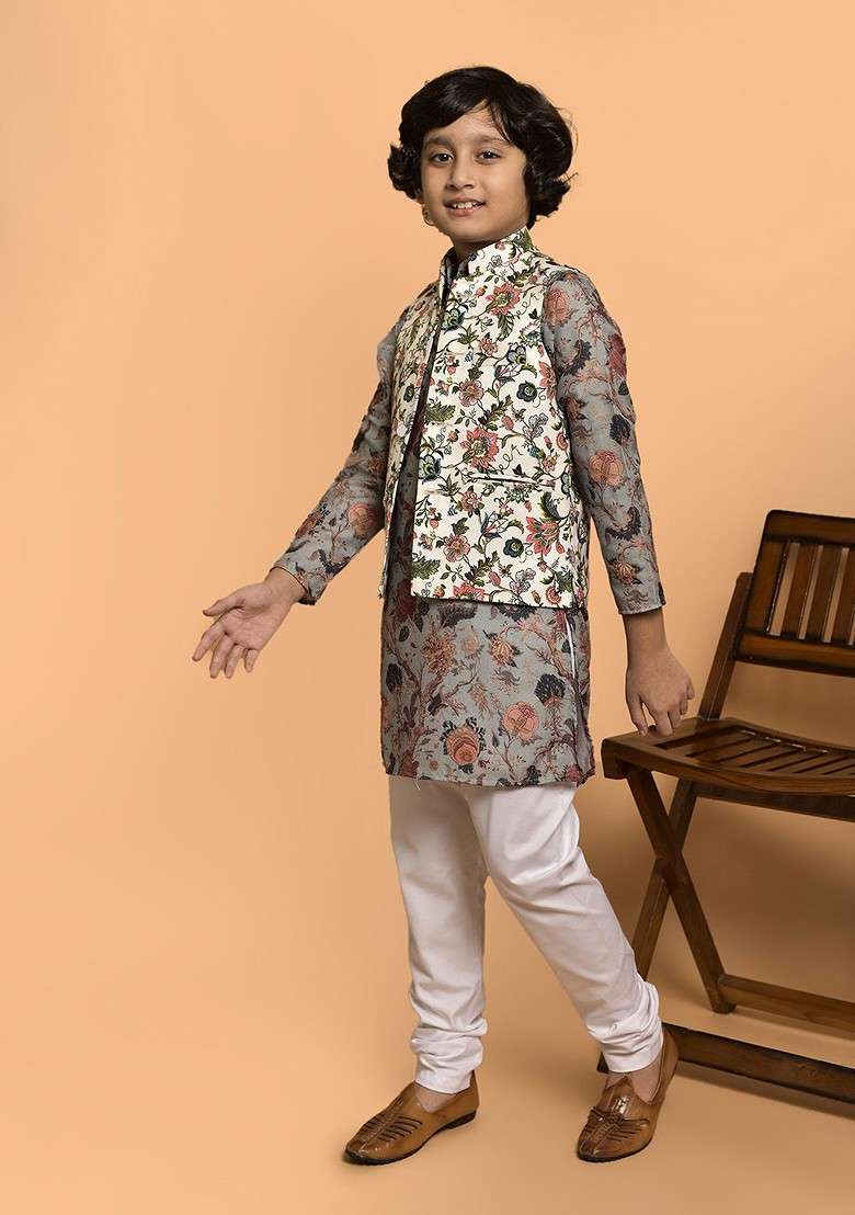 Boys Floral Printed Band Collar Neck Regular Kurta And Churidar And Nehru Jacket - Indya