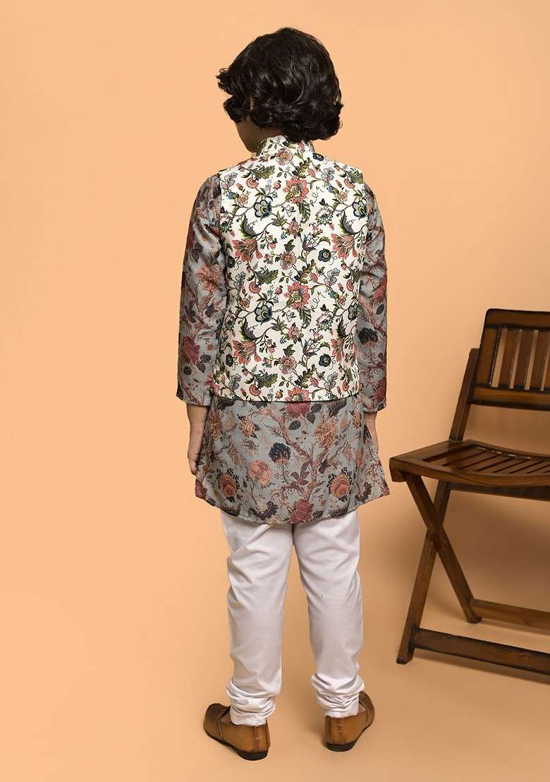 Boys Floral Printed Band Collar Neck Regular Kurta And Churidar And Nehru Jacket - Indya