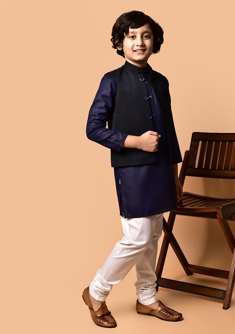 Boys Mandarin Collar Straigh Kurta With Churidar - Indya