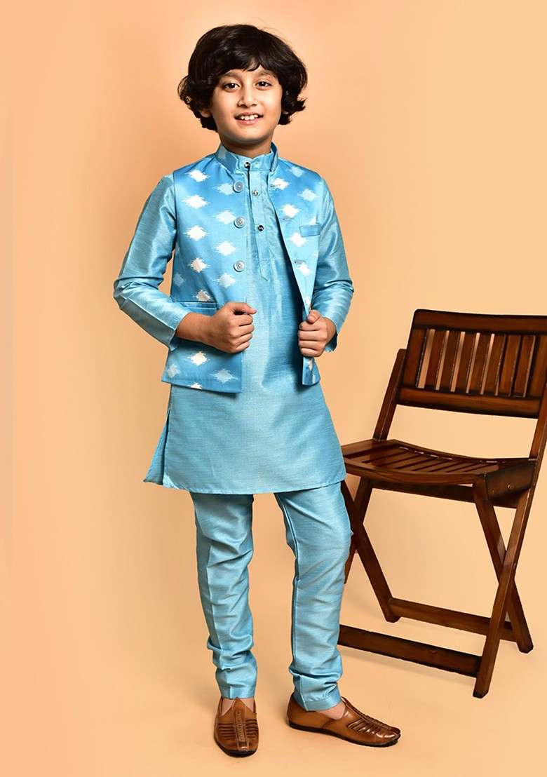 Boys Band Collar Neck Three Quarter Sleeves Kurta And Churidar And Nehru Jacket - Indya