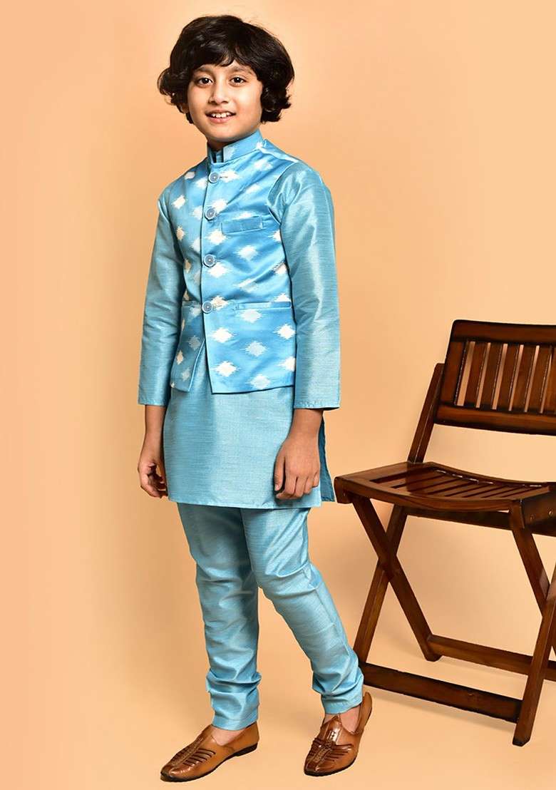 Boys Band Collar Neck Three Quarter Sleeves Kurta And Churidar And Nehru Jacket - Indya