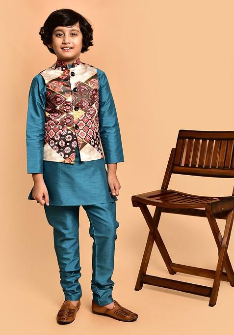 Boys Band Collar Neck Three Quarter Sleeves Kurta And Churidar With Nehru Jacket — view on Indya
