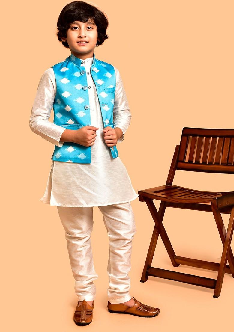 Boys Mandarin Collar Straight Kurta With Pyjamas - Indya