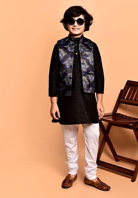 Boys Band Collar Regular Kurta With Churidar With Nehru Jacket — view on Indya