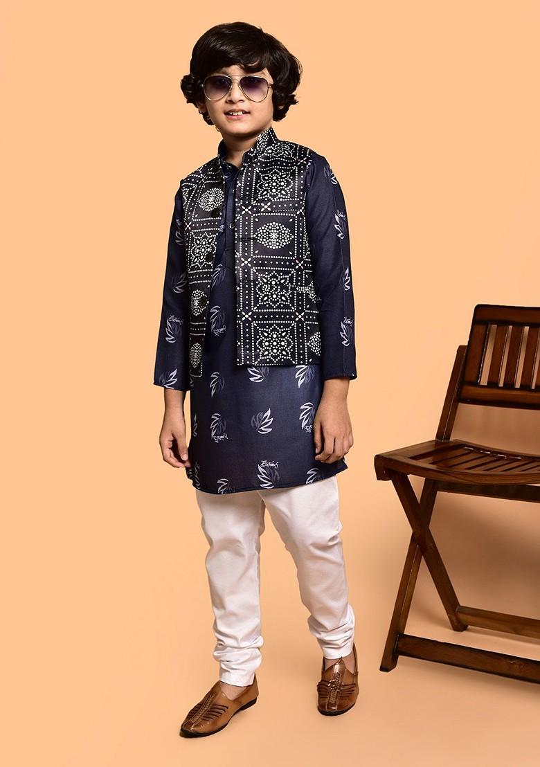 Boys Ethnic Motifs Printed Mandarin Collar Straigh Kurta With Churidar - Indya