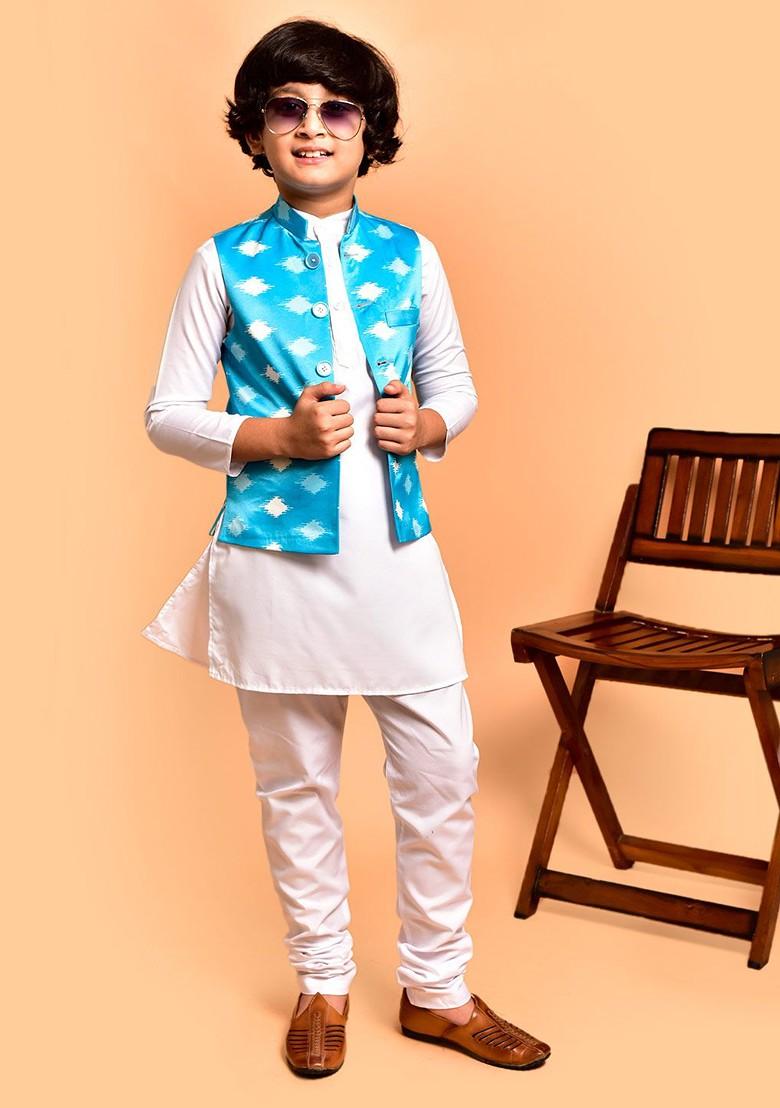 Boys Mandarin Collar Regular Straight Kurta With Pyjamas - Indya