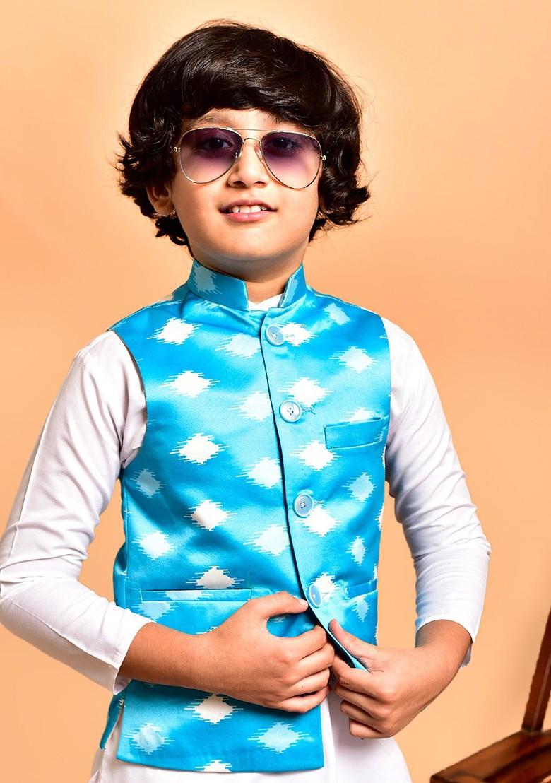 Boys Mandarin Collar Regular Straight Kurta With Pyjamas - Indya