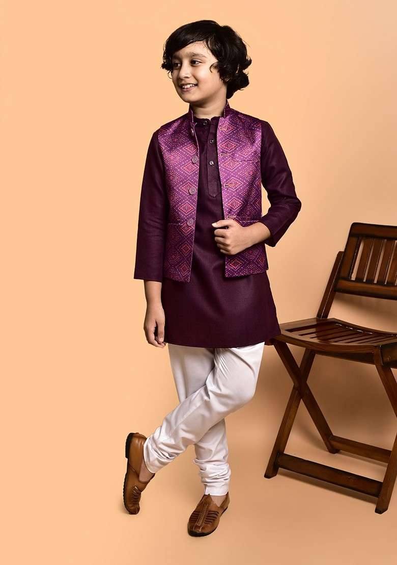 Boys Mandarin Collar Kurta With Churidar - Indya