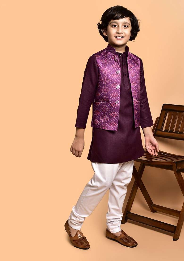 Boys Mandarin Collar Kurta With Churidar - Indya