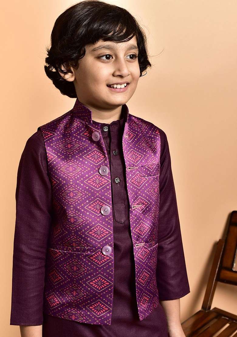 Boys Mandarin Collar Kurta With Churidar - Indya