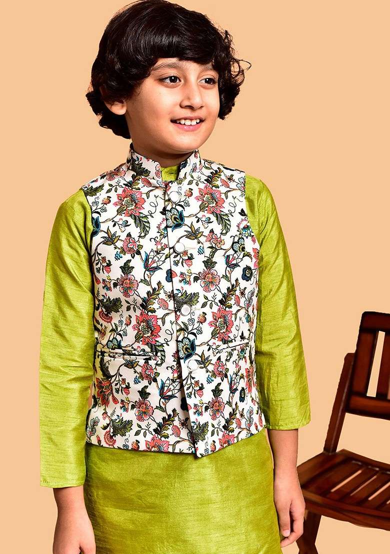 Boys Floral Printed Straight Kurta With Pyjamas - Indya