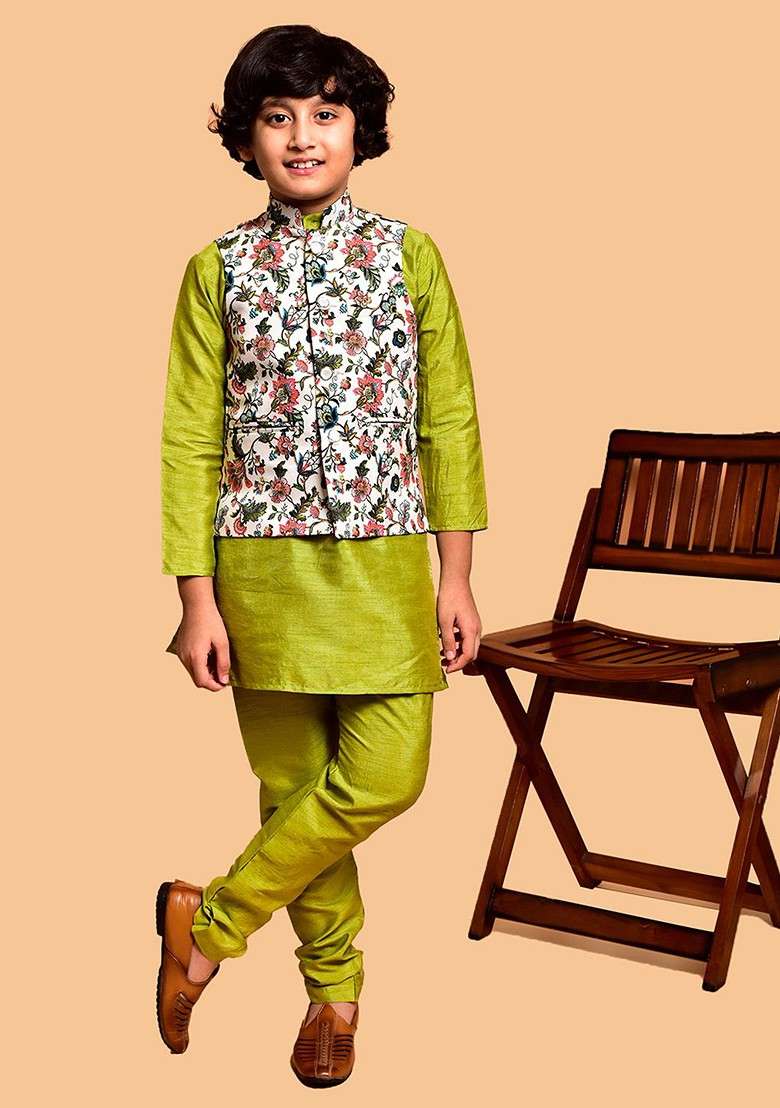 Boys Floral Printed Straight Kurta With Pyjamas - Indya